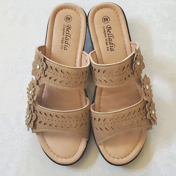 Belladia Comfort Wide Tan Beige Floral Shoes Women's Size 8W - Picture 3 of 11